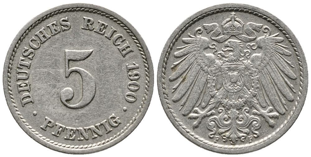 ГЕРМАНИЯ 5 ПФЕННИГОВ 1900 F KM 11, J. 12 медно-никель 39-746