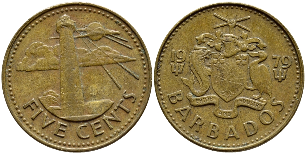 Барбадос 5 центов 1979 маяк Саут-Пойнт KM 11 латунь 4398-517