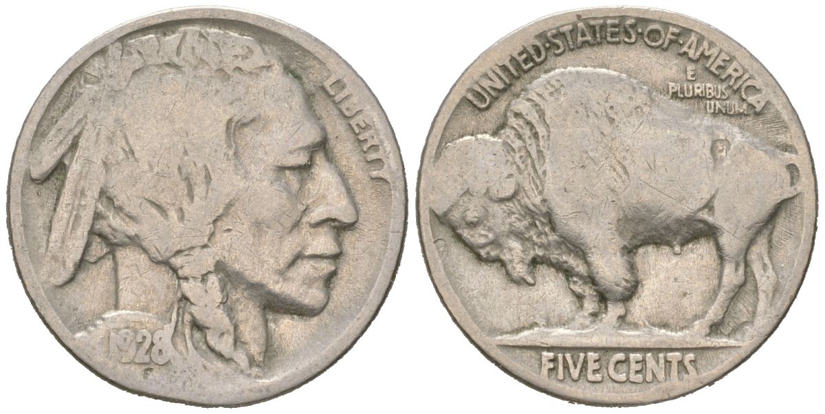 США 5 центов 1928 индеец, бизон KM 134 медно-никель 4614-1134