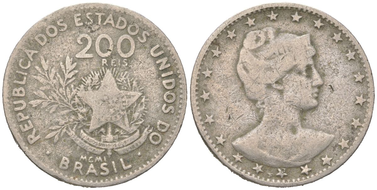 Бразилия 200 реалов 1901 MCMI, голова свободы вправо KM 504 медно-никель 4612-355