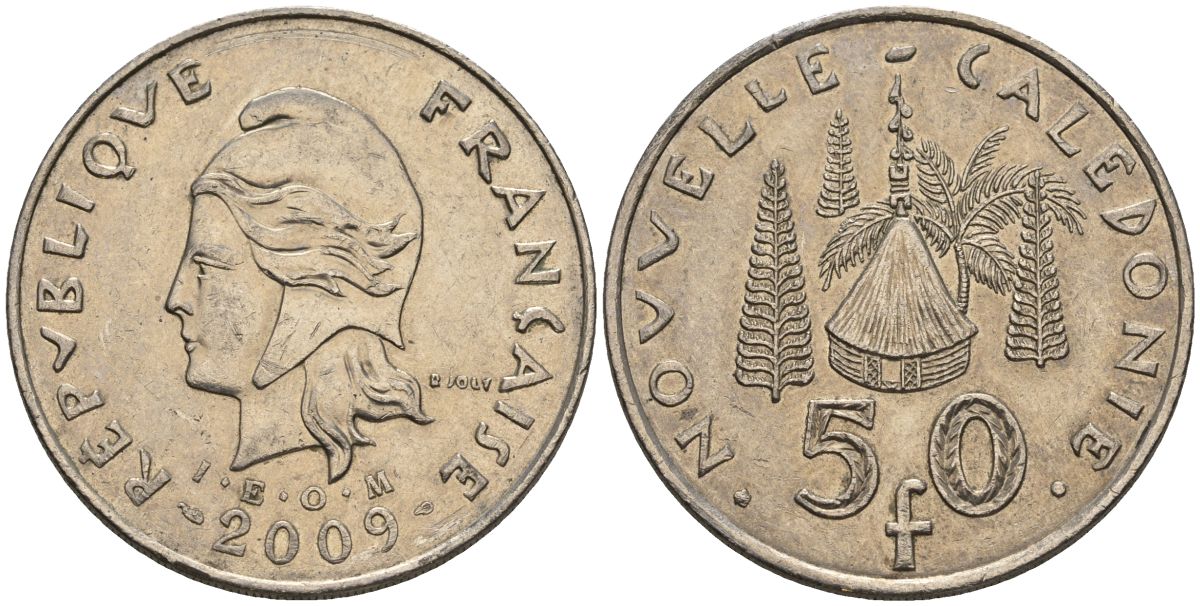 Французская Новая Каледония 50 франков 2009 хижина среди сосен и пальм, (IEOM) KM 13a, Schoen 15a, Lec 128i медно-никель 4111-825