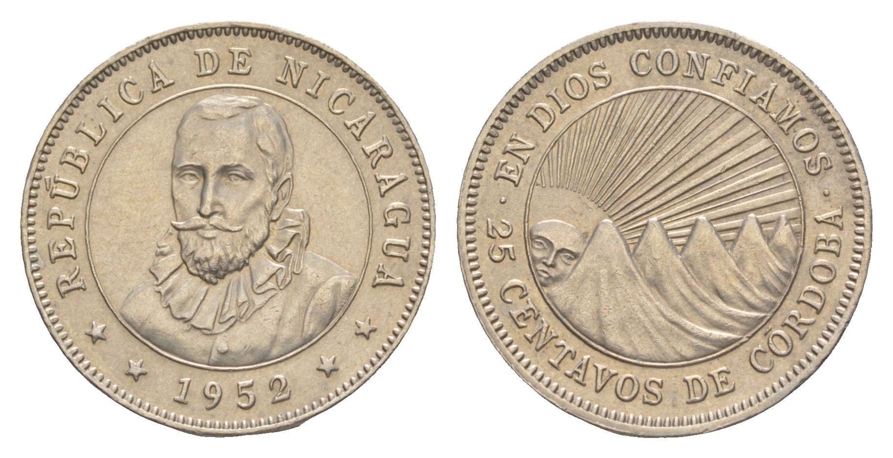 Никарагуа 25 сентаво 1952 KM 18.1 медно-никель aUNC 1528-1324