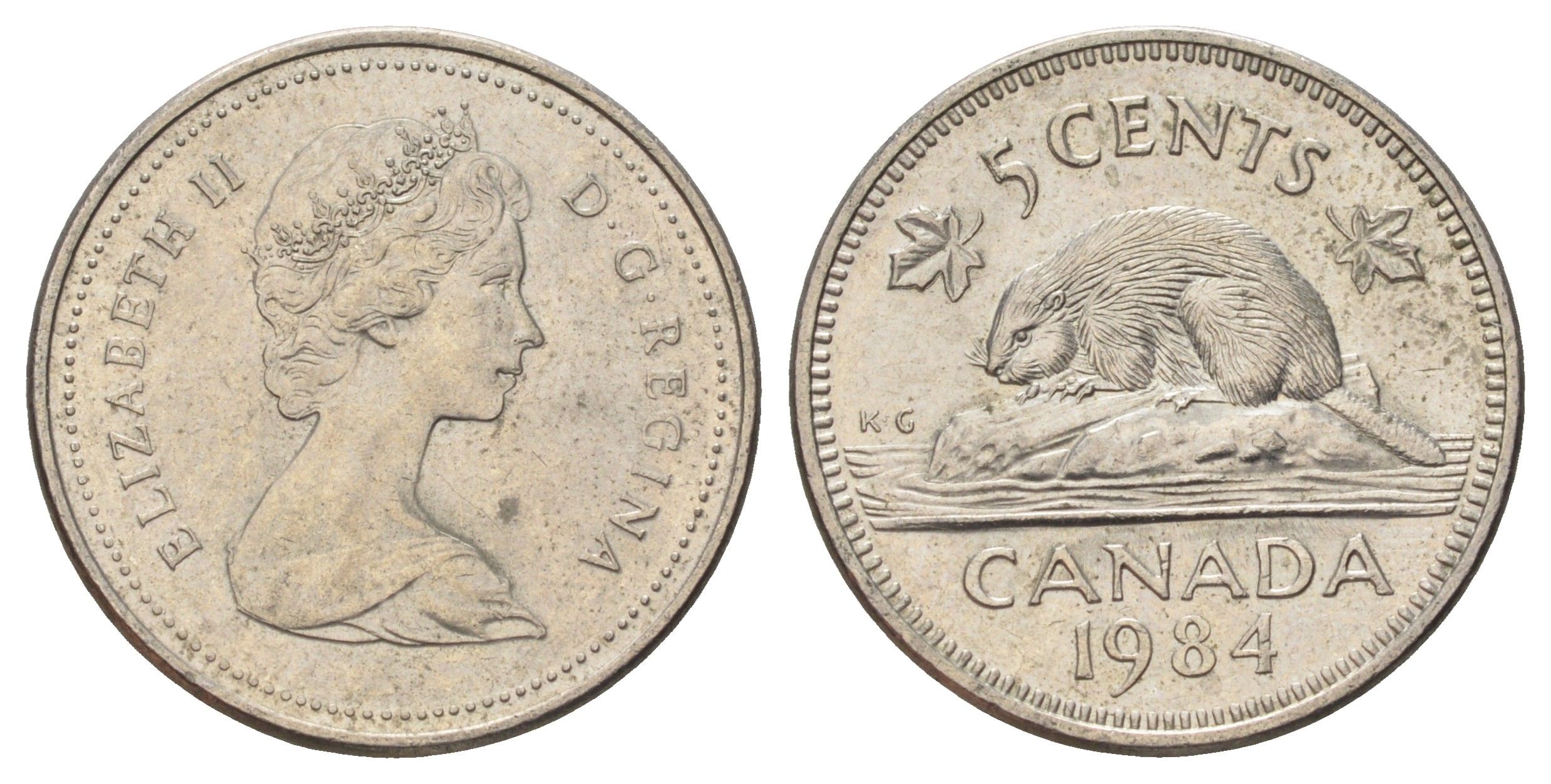 Канада 5 центов 1984 Елизавета II (1952-2022), бобр KM 60.2a медно-никель 4689-425
