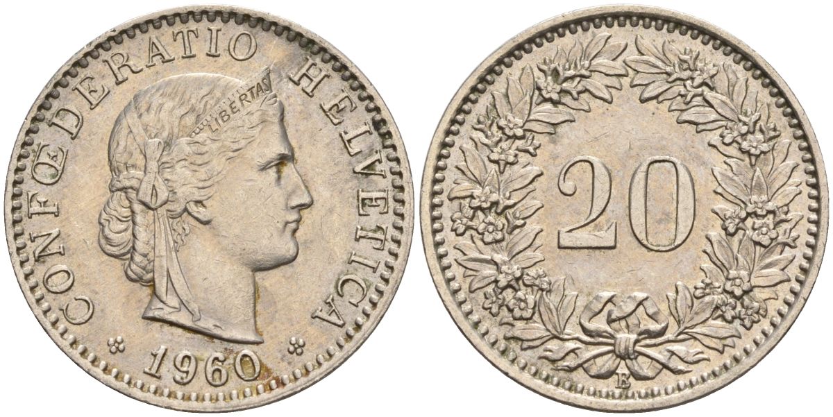 Швейцария 20 раппенов 1960 B KM 29a медно-никель 4606-752