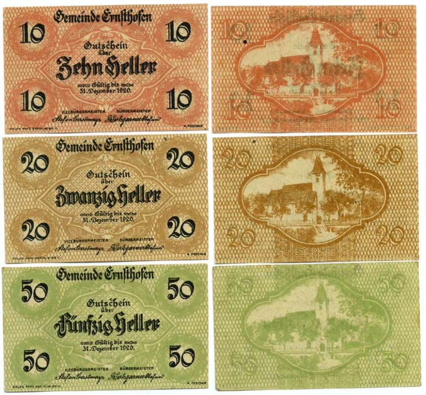Австрия, Эрнстофен набор из 3 банкнот 10, 20, 50 геллеров 1920 31 декабря 1920, нотгельд, коммуна в земле Нижняя Австрия   бумага  UNC (пресс) 7555-23-4-1