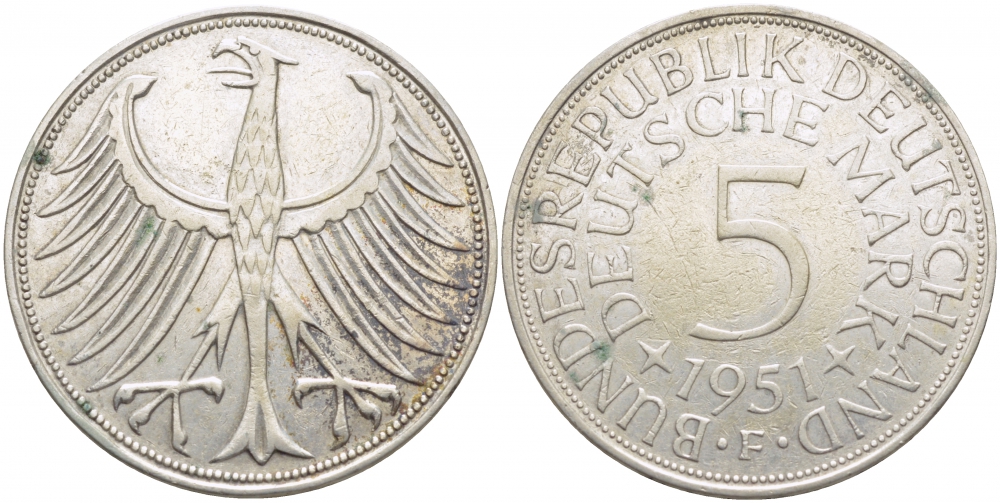ФРГ 5 марок 1951 F, KM 112.1 серебро 111-735