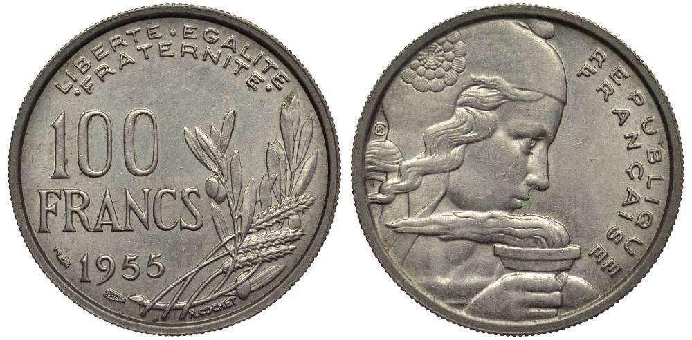 ФРАНЦИЯ 100 ФРАНКОВ 1955 ТИП COCHET KM 919.1, LE FRANC 450.4 медно-никель 27-755