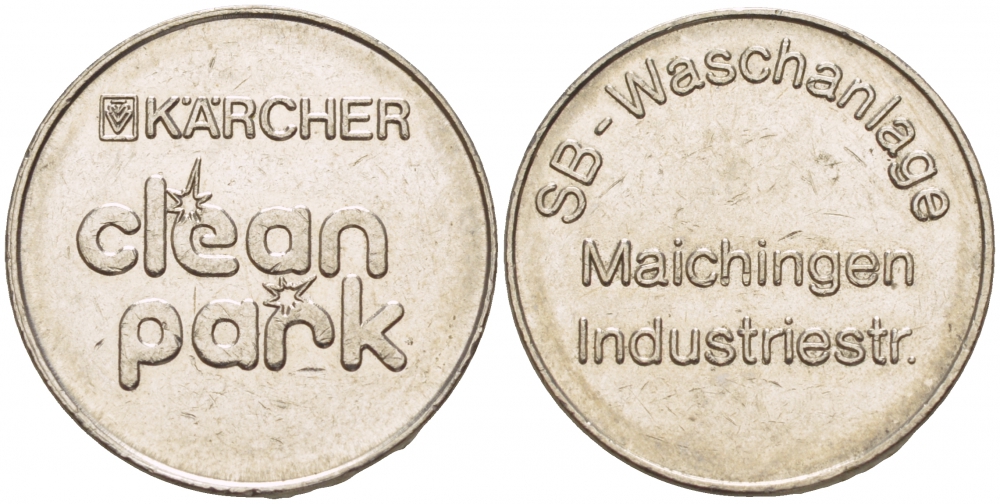 ГЕРМАНИЯ ЖЕТОН НА МОЙКУ АВТОМОБИЛЯ CLIAN PARK, LIPFART, SB-WASCHANLAGS, MAICHINGEN INDUSTRIEST белый металл 4544-836