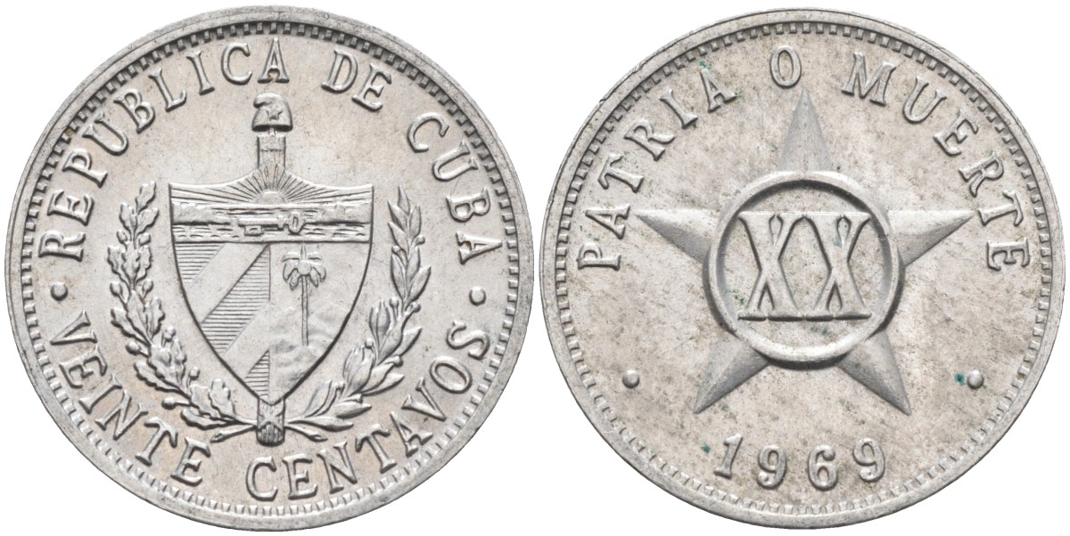 Куба 20 сентаво 1969 звезда, республика (1962-2018) KM 35 алюминий UNC 186-425