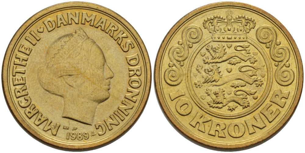 ДАНИЯ 10 КРОН 1989 NR; JP; A, МАРГРЕТЕ II (1972-) KM 867.1 алюминиевая бронза 202-841