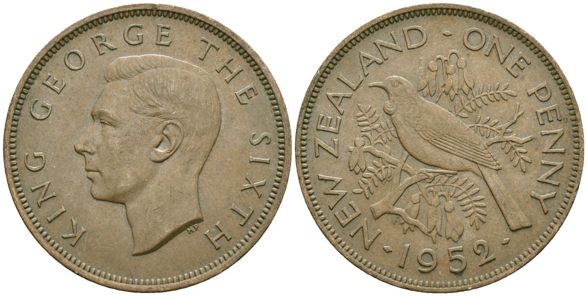 Новая Зеландия 1 пенни 1952 Георг VI (1936-1952), новозеландский туи KM 21 бронза 4120-111