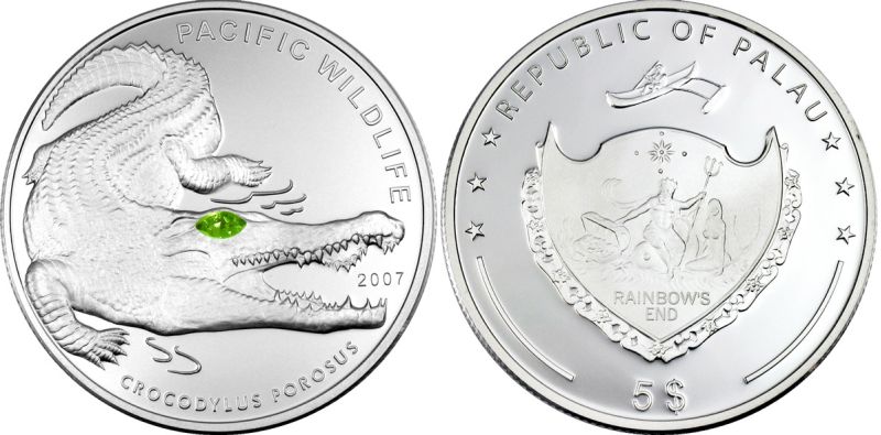Палау 5 долларов 2007 серия сохраним наш мир, крокодил, глаза от Сваровски, тираж 2500 экземпляров серебро PROOF 04-318-41
