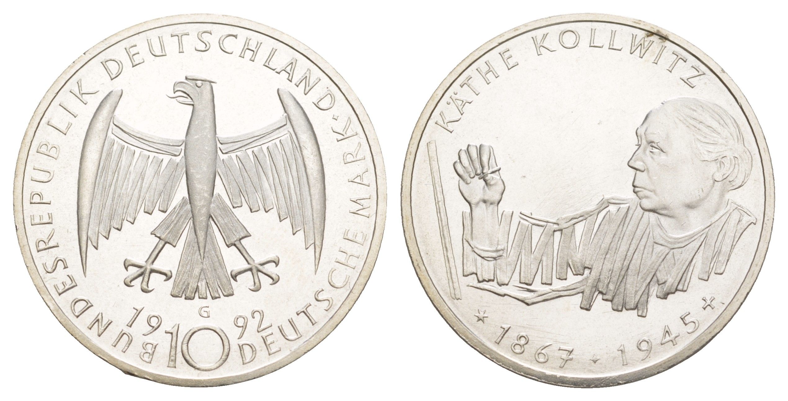 ФРГ 10 марок 1992 G, 125 лет со дня рождения Кете Кольвиц KM 178 серебро UNC 4634-1022
