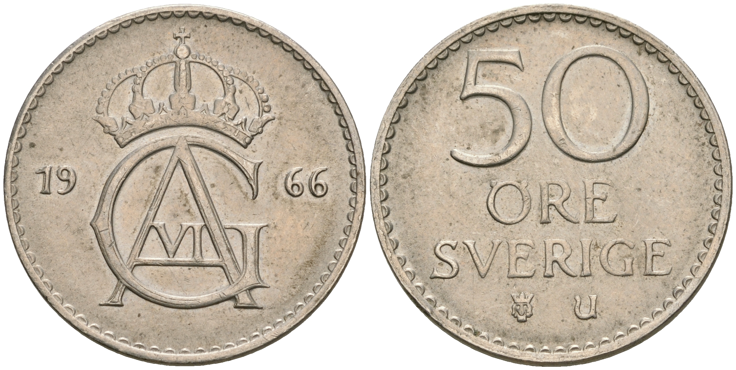 Швеция 50 эре 1966 U, Густав VI Адольф (1950-1973) KM 837 медно-никель 08-1017