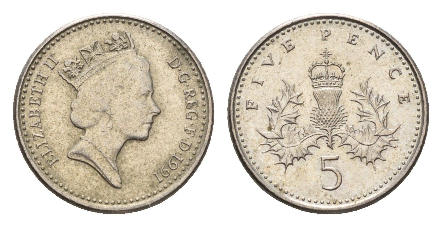 Великобритания 5 пенсов 1991 Елизавета II (1952-2022) KM 937b, Spink 4372 (D4) медно-никель 4684-1031