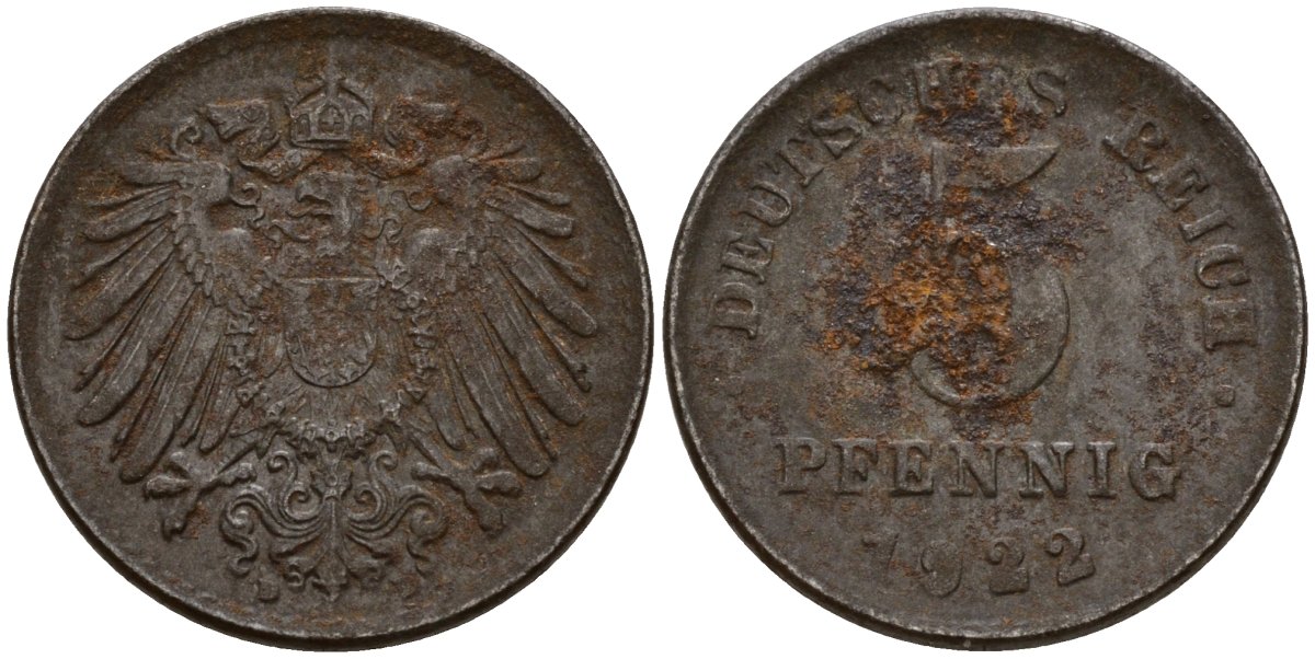 Германия 5 пфеннигов 1922 D KM 19, J. 297 железо плакированная цинком 4189-834