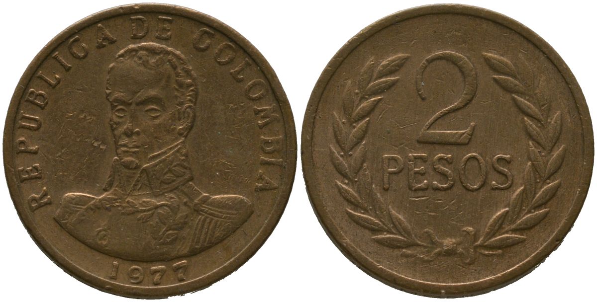 Колумбия 2 песо 1977 KM 263 бронза 4538-121