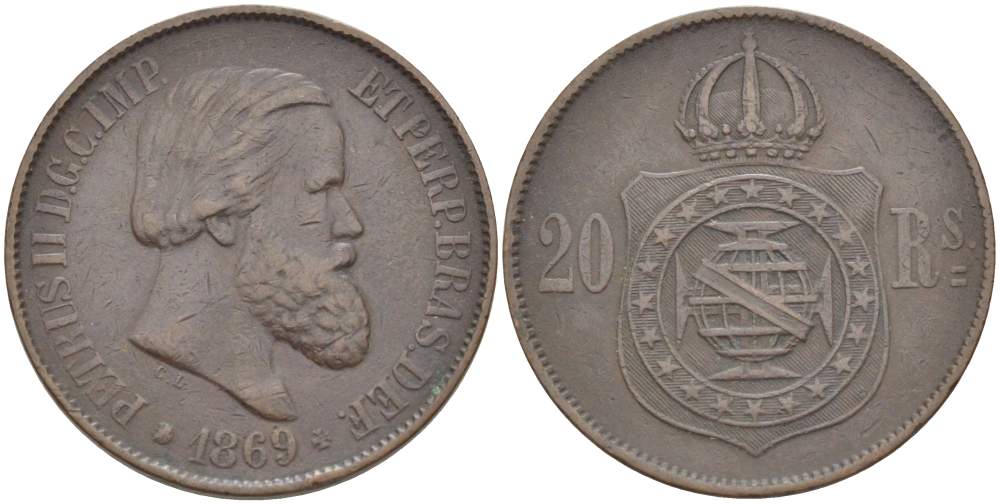 Бразилия 20 рейсов 1869 Педро II (1831-1889) KM 474 бронза 4529-457
