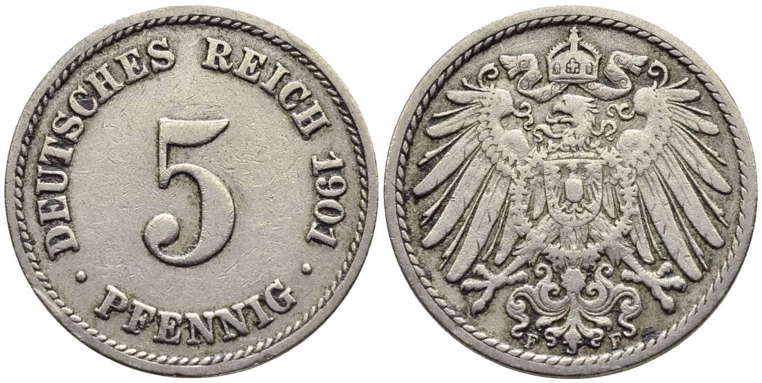 ГЕРМАНИЯ 5 ПФЕННИГОВ 1901 F KM 11, Jager 12, Weege 6 медно-никель 4547-419