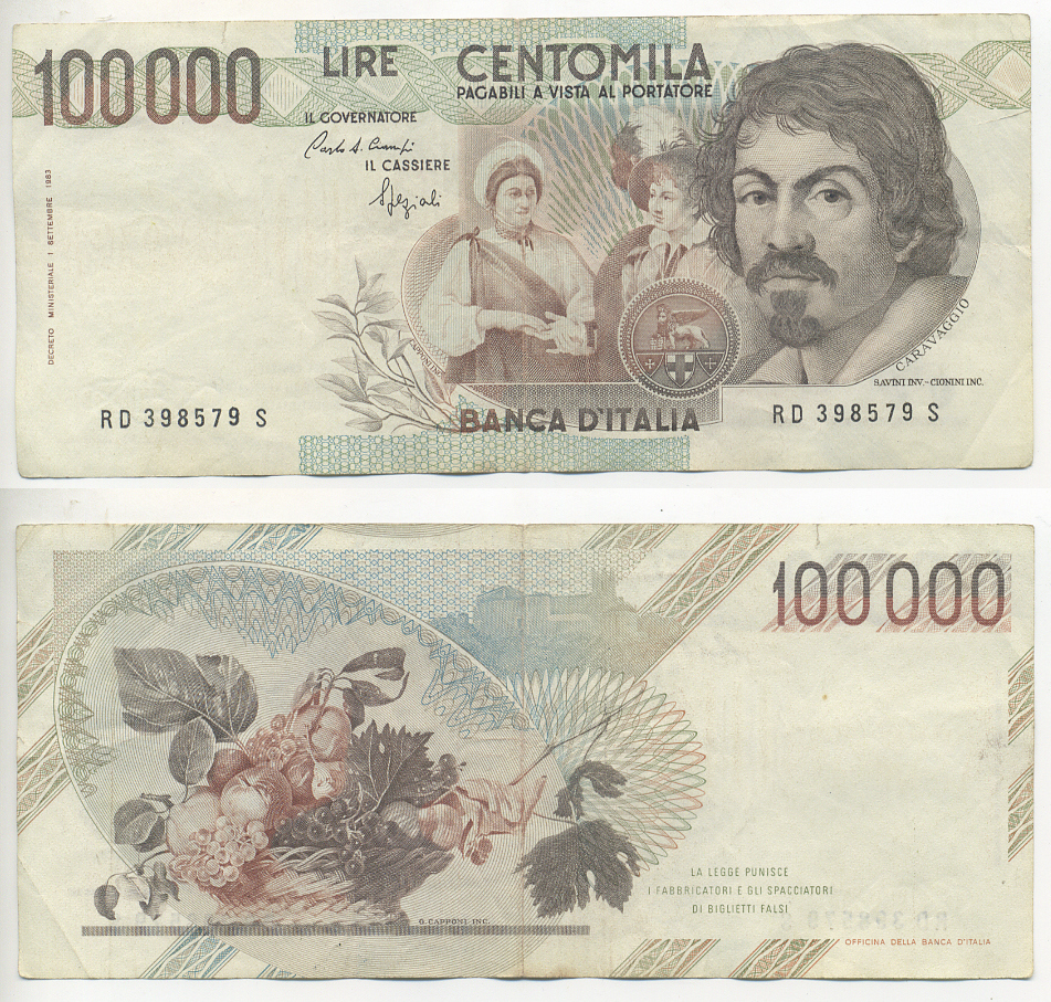 Италия 100000 лир 1983 Караваджо, фруктовый букет, подпись Speziali Pick 110b бумага 7220-22-1