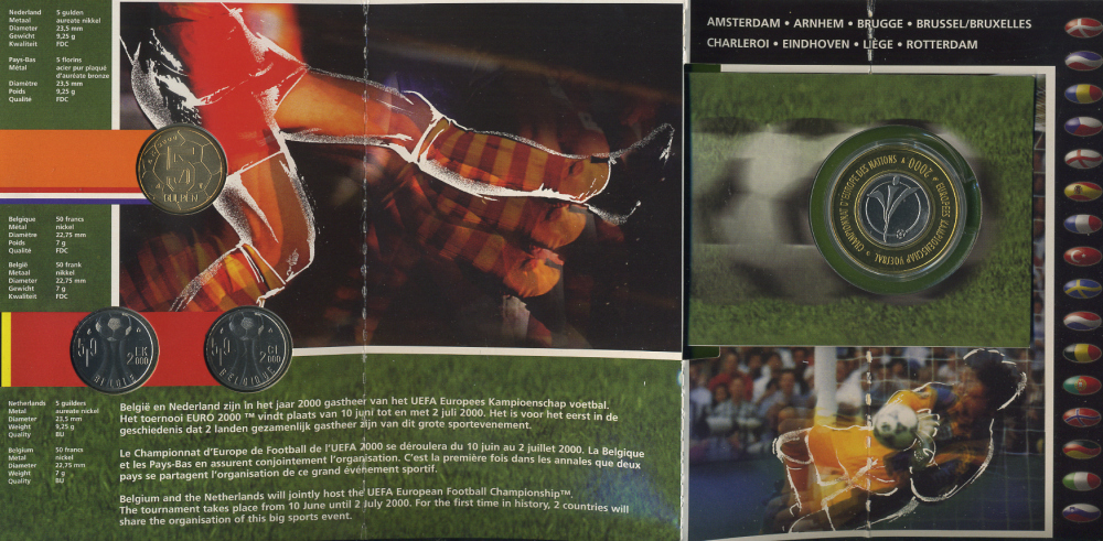 БЕЛЬГИЯ НАБОР ИЗ 3 МОНЕТ + ЖЕТОН 2000 BELGIE-BELGIQUE + 5 ГУЛЬДЕНОВ НИДЕРЛАНДЫ 2000 ГОД, ЧЕМПИОНАТ МИРА ПО ФУТБОЛУ, FIFA, В ОРИГИНАЛЬНОМ КАРТОННОМ БУКЛЕТЕ KM PS 7 PROOF 6-6-2-20