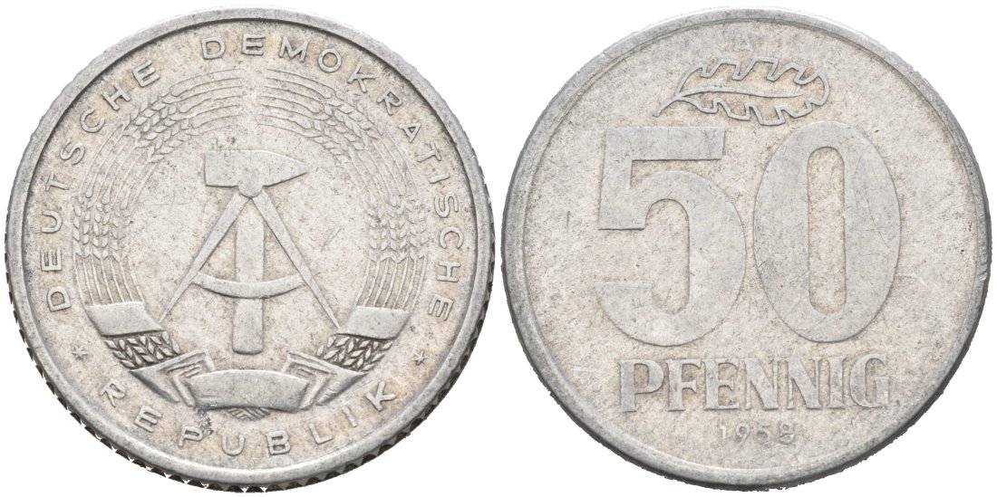 ГДР 50 пфеннигов 1958 А, БРАК ГУРТА KM 12.1 алюминий 4563-722