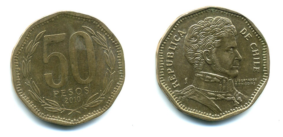 Чили 50 песо 2010 Бернардо О’Хиггинс KM 219.2 алюминиевая бронза 35-642