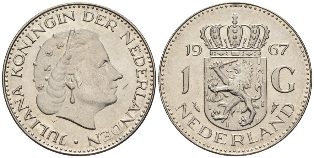 Нидерланды 1 гульден 1967 Юлиана (1948-1980) KM 184a никель UNC 4579-456