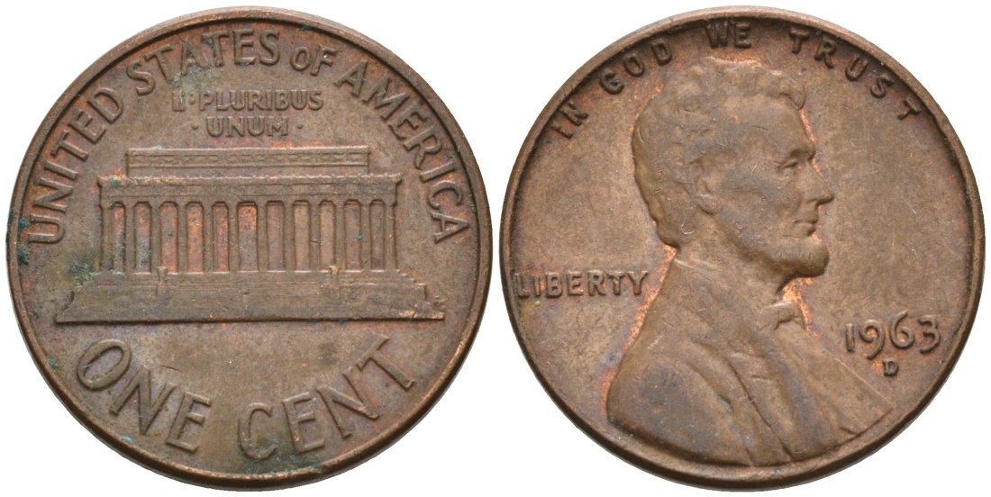 США 1 цент 1963 D, Линкольн KM 201 медь цинк 4564-425