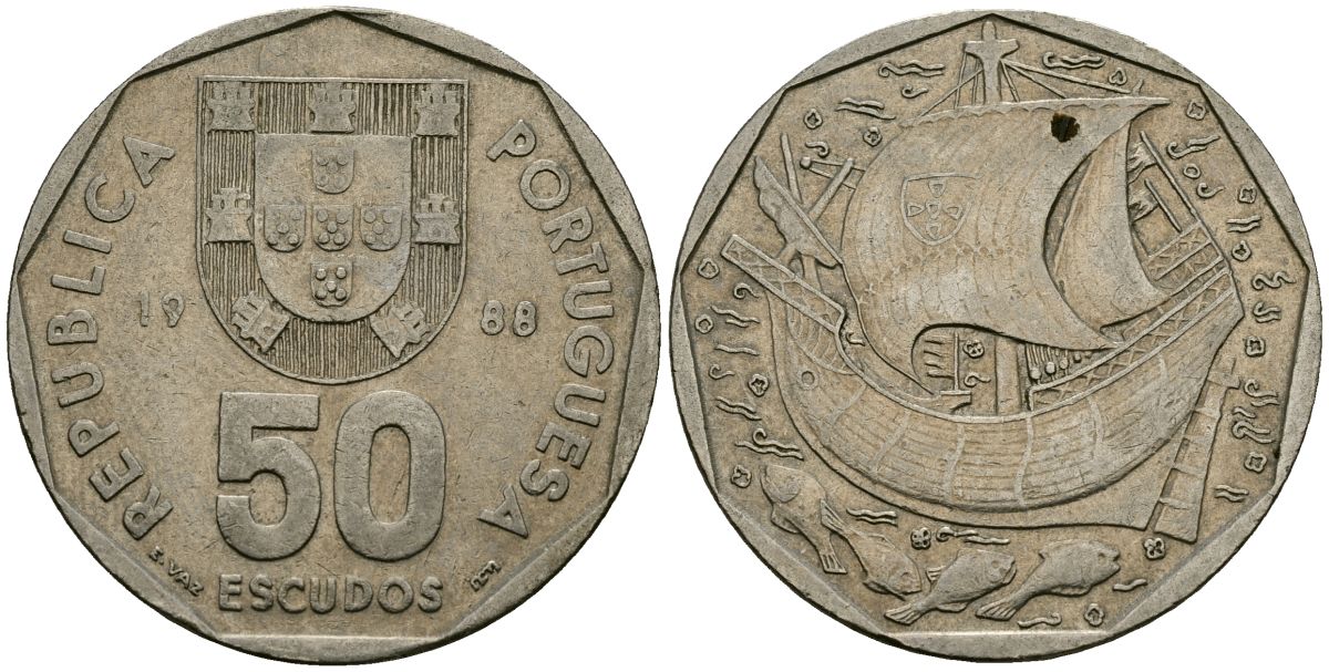 Португалия 50 эскудо 1988 парусник KM 636 медно-никель 4120-1021