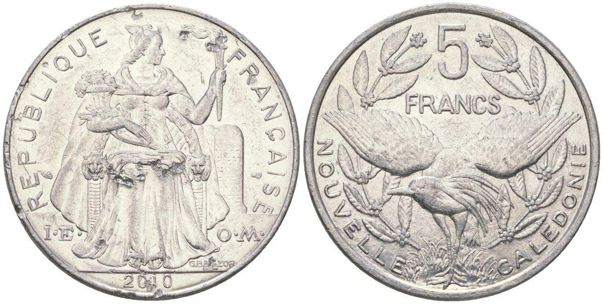 Французская Новая Каледония 5 франков 2010 птица кагу, (IEOM) KM 16, Schoen 12, Lec 81k алюминий 4111-724
