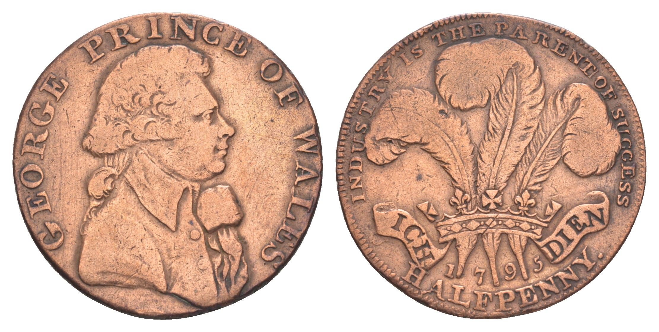 Великобритания, Мидлсекс 1/2 пенни 1795 Национальная серия - Принц Уэльский, гурт - надпись, токен Dalton & Hamer 962 медь 3711-821