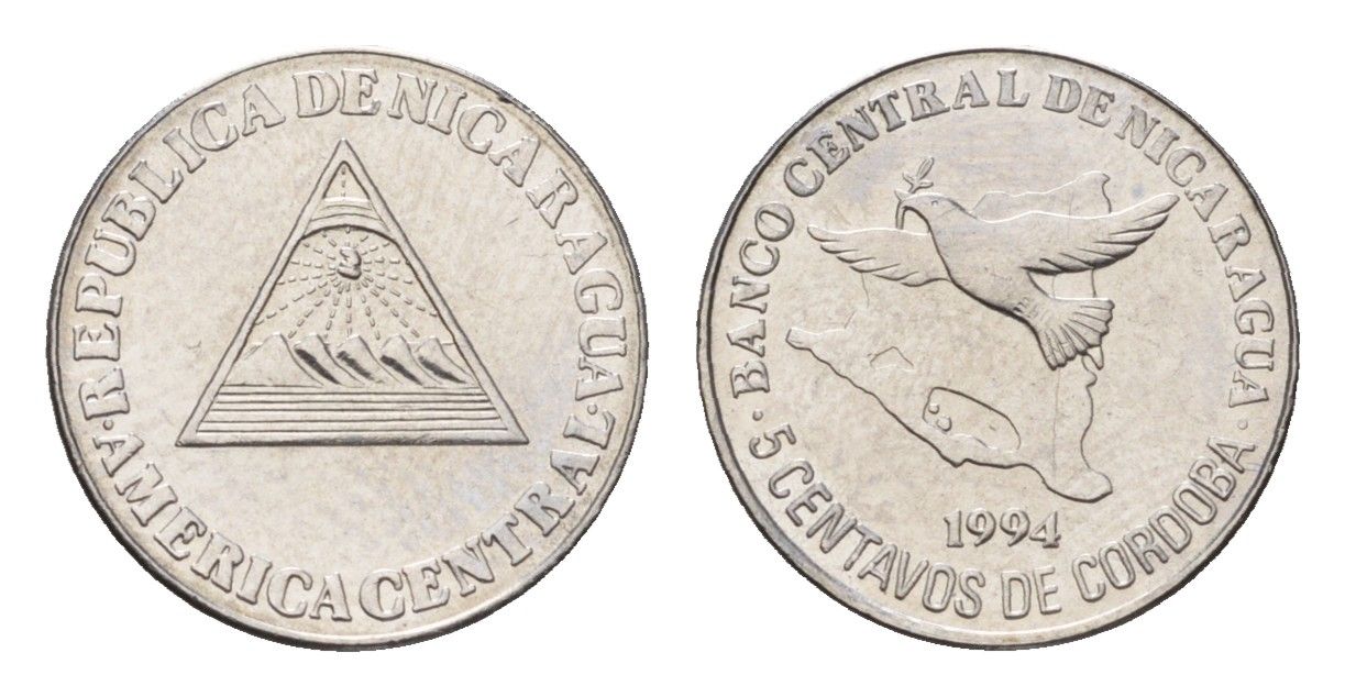 Никарагуа 5 сентаво 1994 голубь мира KM 80 хромированная сталь UNC 4685-559