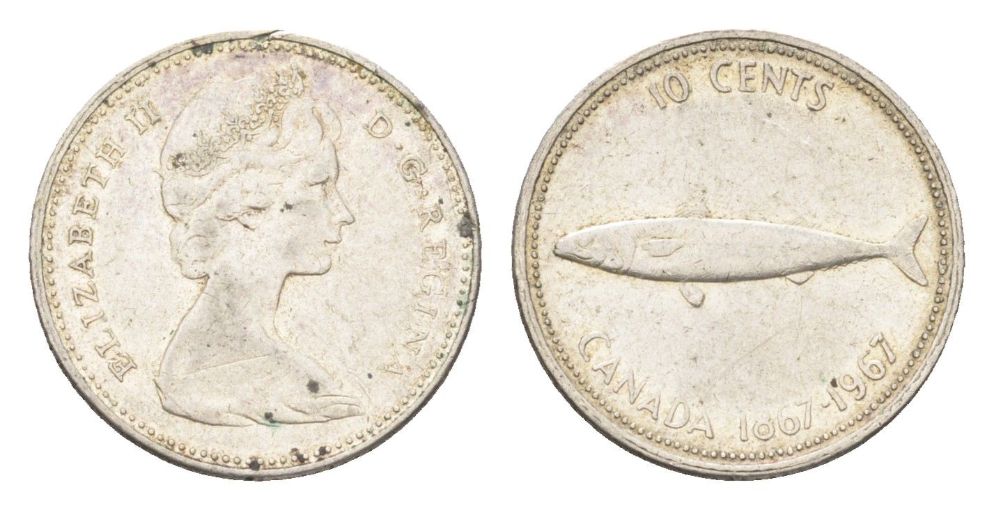 Канада 10 центов 1967 рыба, 100 лет Конфедерации Канада, Ссеребро 0.800, вес 2,3 гр, диаметр KM 67 серебро 4659-1144