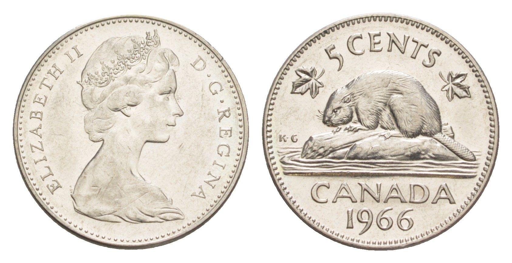 Канада 5 центов 1966 Елизавета II (1952-2022), бобр KM 60.1 никель aUNC 4639-447