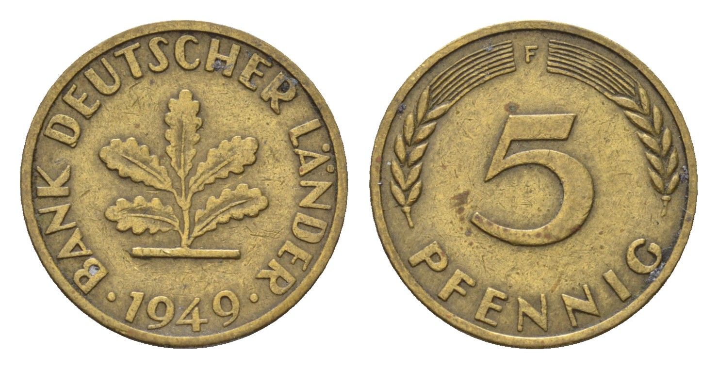 ФРГ 5 пфеннигов 1949 F KM 102, J. 377 сталь плакированная латунью 4618-1039