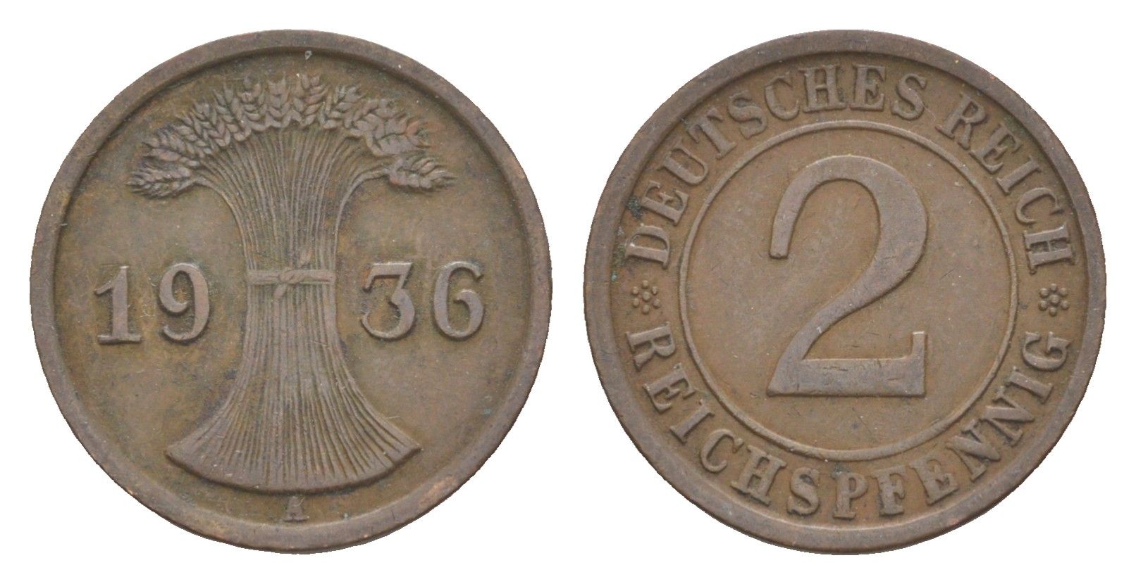 Германия 2 рейхспфеннига 1936 A KM 38, J. 314 бронза 4549-412
