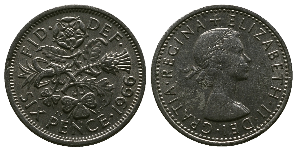 Великобритания 6 пенсов 1966 Елизавета II (1952-2022) KM 903, Spink 4149 медно-никель 4381-851