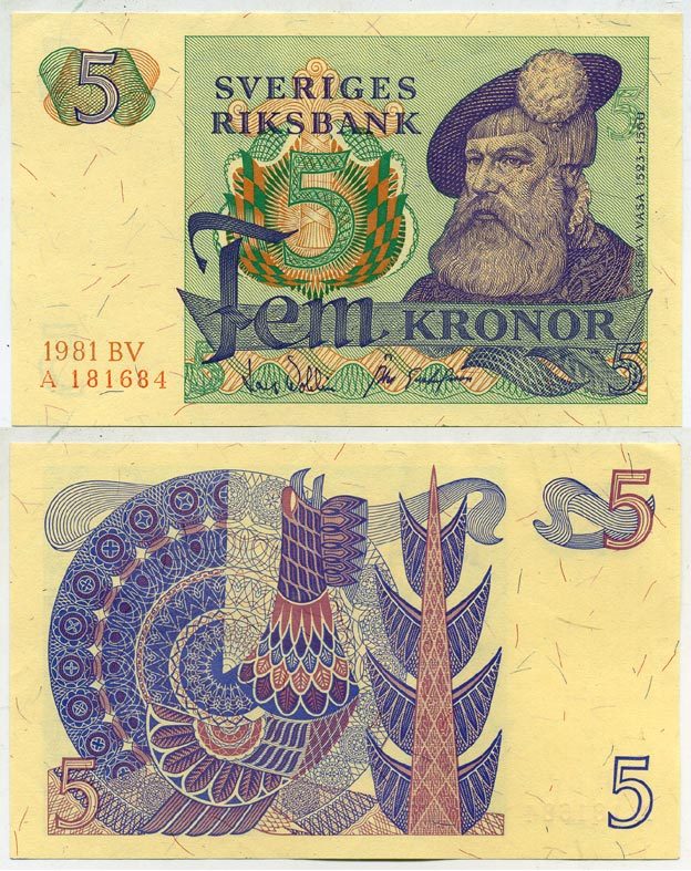 Швеция 5 крон 1981 BV, Густав I Ваза Pick 51d бумага aUNC 444-40-3