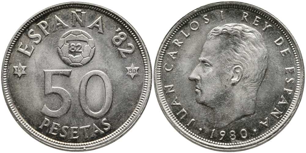 Испания 50 песет 1980 (80) чемпионат мира по футболу в Испании 1982 года, Хуан Карлос I (1975-) KM 819 медно-никель 111-232