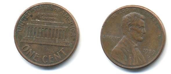 США 1 цент 1989 D, Линкольн KM 201b цинк плакированный медью 86-247