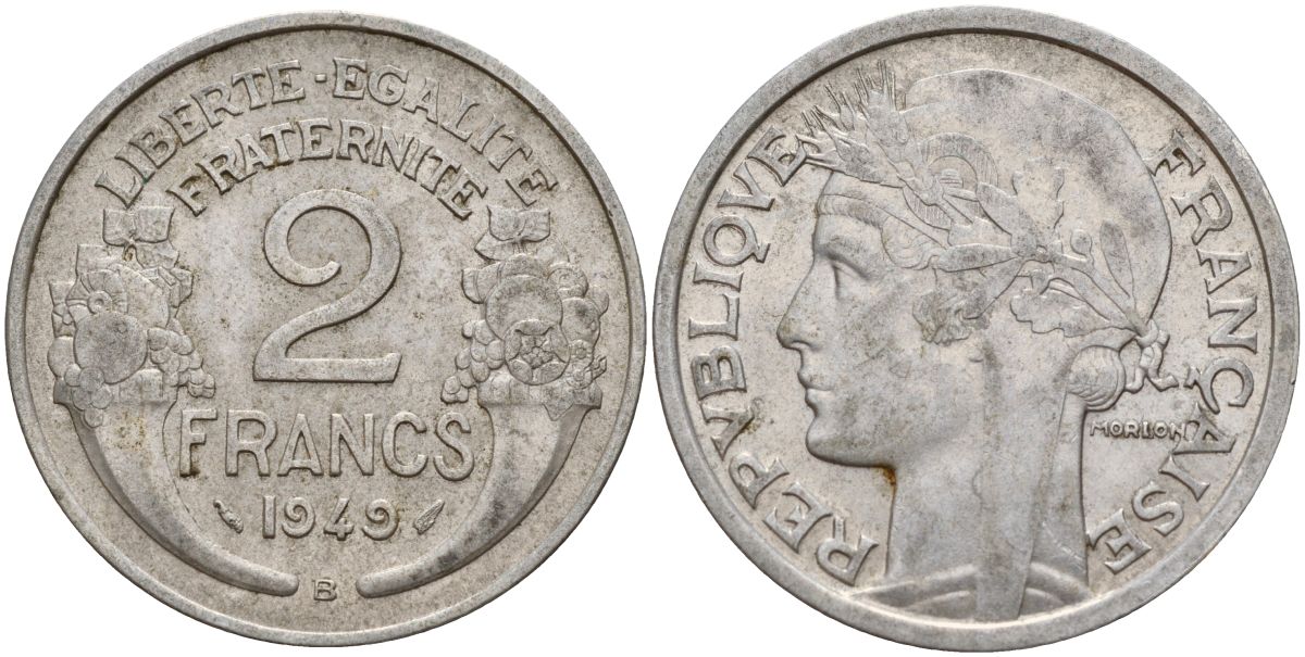 Франция 2 франка 1949 KM 886a, LE FRANC 269.10 алюминий 4150-842