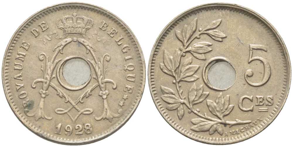 БЕЛЬГИЯ 5 САНТИМОВ 1928 BELGIQUE, АЛЬБЕРТ I (1909-1934) KM 66 медно-никель 116-943