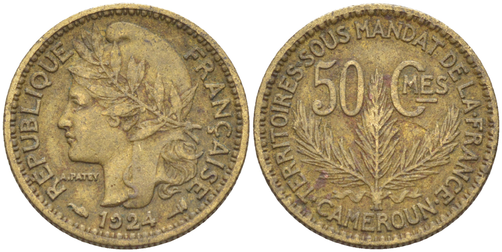 Французский Камерун 50 сантимов 1924 (а), монетный двор Париж KM 1 алюминиевая бронза 71-1517