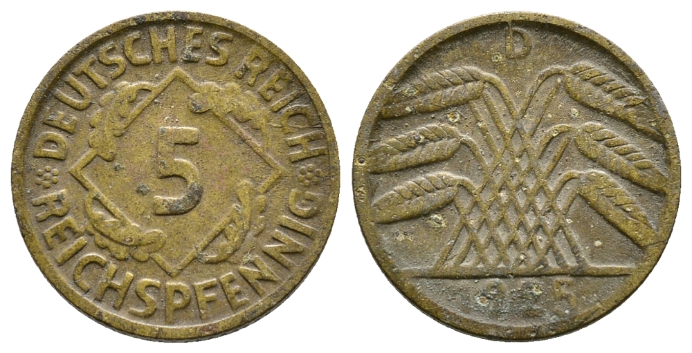 ГЕРМАНИЯ 5 РЕЙХСПФЕННИГОВ 1925 D, KM 39, J. 316 алюминиевая бронза 4380-1033