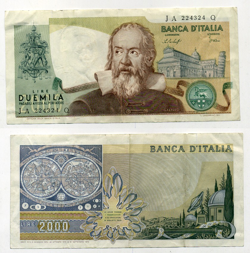 Италия 2000 лир 1973 Галилео, Пизанская башня Pick 103a бумага 6279-4-1-2