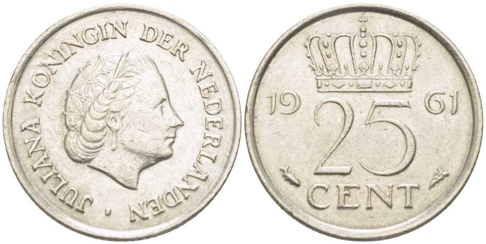 НИДЕРЛАНДЫ 25 ЦЕНТОВ 1961 ЮЛИАНА (1948-1980) KM 183 никель 214-933