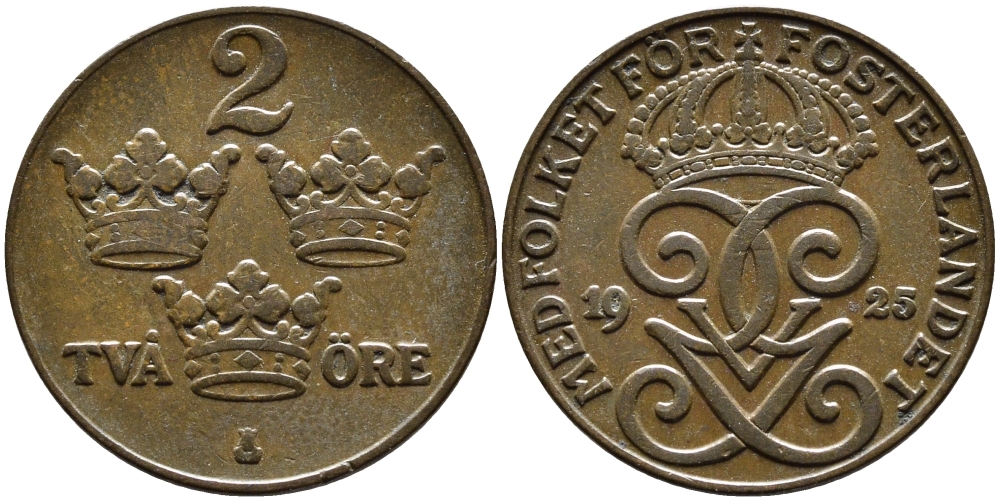Швеция 2 эре 1925 Густав V (1907-1950) KM 778 бронза 80-1254