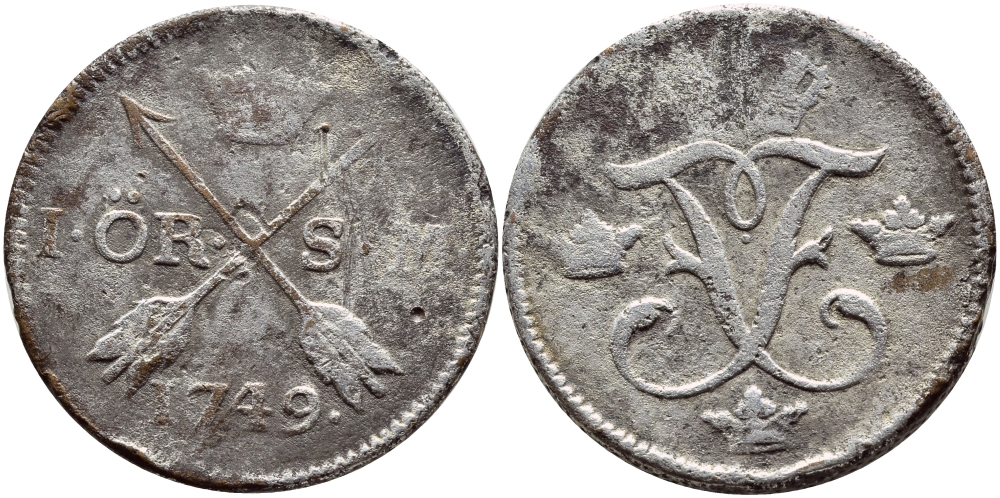 Швеция 1 эре 1749 S.M., Фредерик I (1720-1751) серебрение KM 416.1 медь 1530-1131