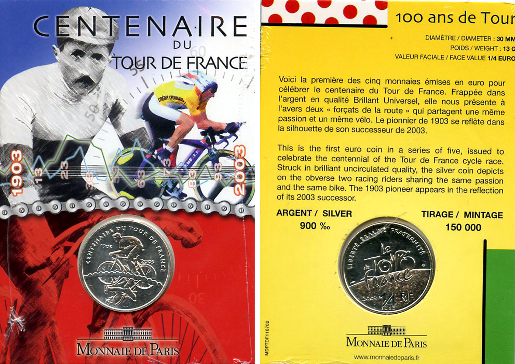 Франция 1/4 евро 2003 100 лет велогонкам "Тур де Франс", запайка, оригинальный картонный буклет KM 1995 серебро BUNC 1-6-4-26